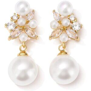 Pearl Drop Dangle Earrings for Women CZ Bridal Wedding Prom Jewelry for Brides